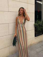 Sexy Contrast Striped Knit Halter Dress Women Fashion Loose Backless Maxi Dresses Summer Chic Female Beach Party Vestidos voguable