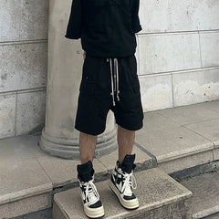 Ro Style Multi-pockets Drawstring Black Cargo Pants for Men Streetwear Baggy Casual Knee Lenght Pants Oversized Loose Cargo voguable