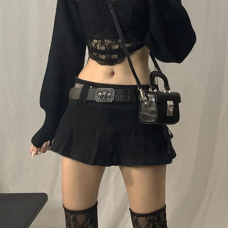 Harajuku Y2k Denim Skirt Women Dark Gothic Streetwear Mini Skirt with Skull Belt Mall Goth Punk Grunge Sexy Emo Clubwear voguable