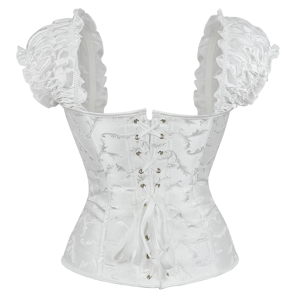 Voguable Gothic Lolita Puff Ruffle Sleeve Overbust Corset Jacquard Corselet Sexy Waist Bustier Top voguable