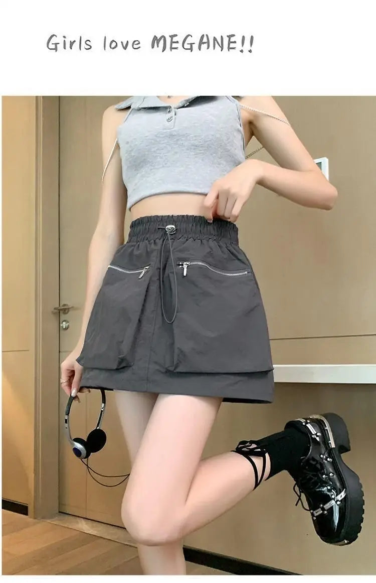High Waist Drawstring Summer Women Short A Line Skirt Vintage Casual Cargo Big Zipper Pocket Skirt with Safety Shorts Hip Skirts voguable