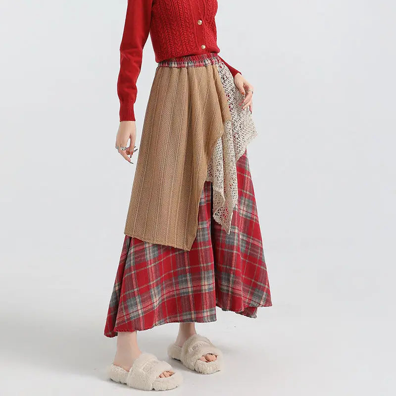 Asymmetrical Prairie Chic Bohemia Sweet Patchwork Panelled Plaid Women Autumn Winter New High Waist Casual Lace Aesthetic Skirts voguable