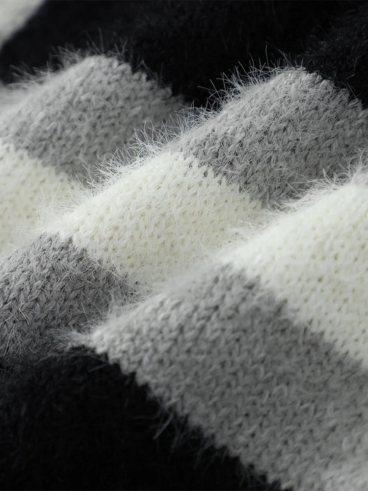 Striped Velvet V Neck Sweater Jacket For Men Fashion Casual Long Sleeve Single Breasted Mohair Coat Chic Warm Knitted Cardigan voguable