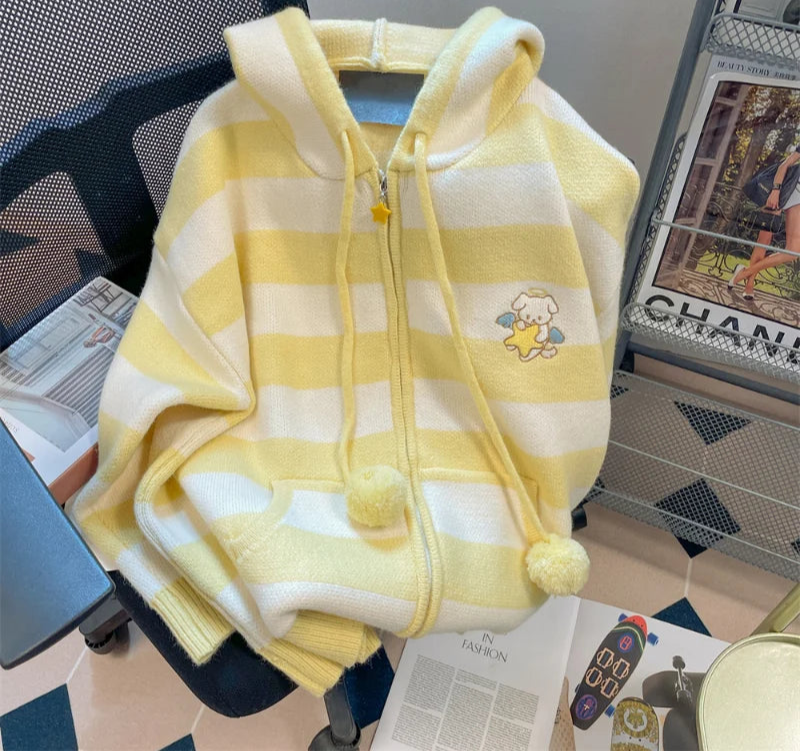Spring Autumn Casual Cartoon Embroidery Striped Hooded Sweater Women Sweet Knitted Cardigan Coat Japanese Girls Loose Knitwear voguable