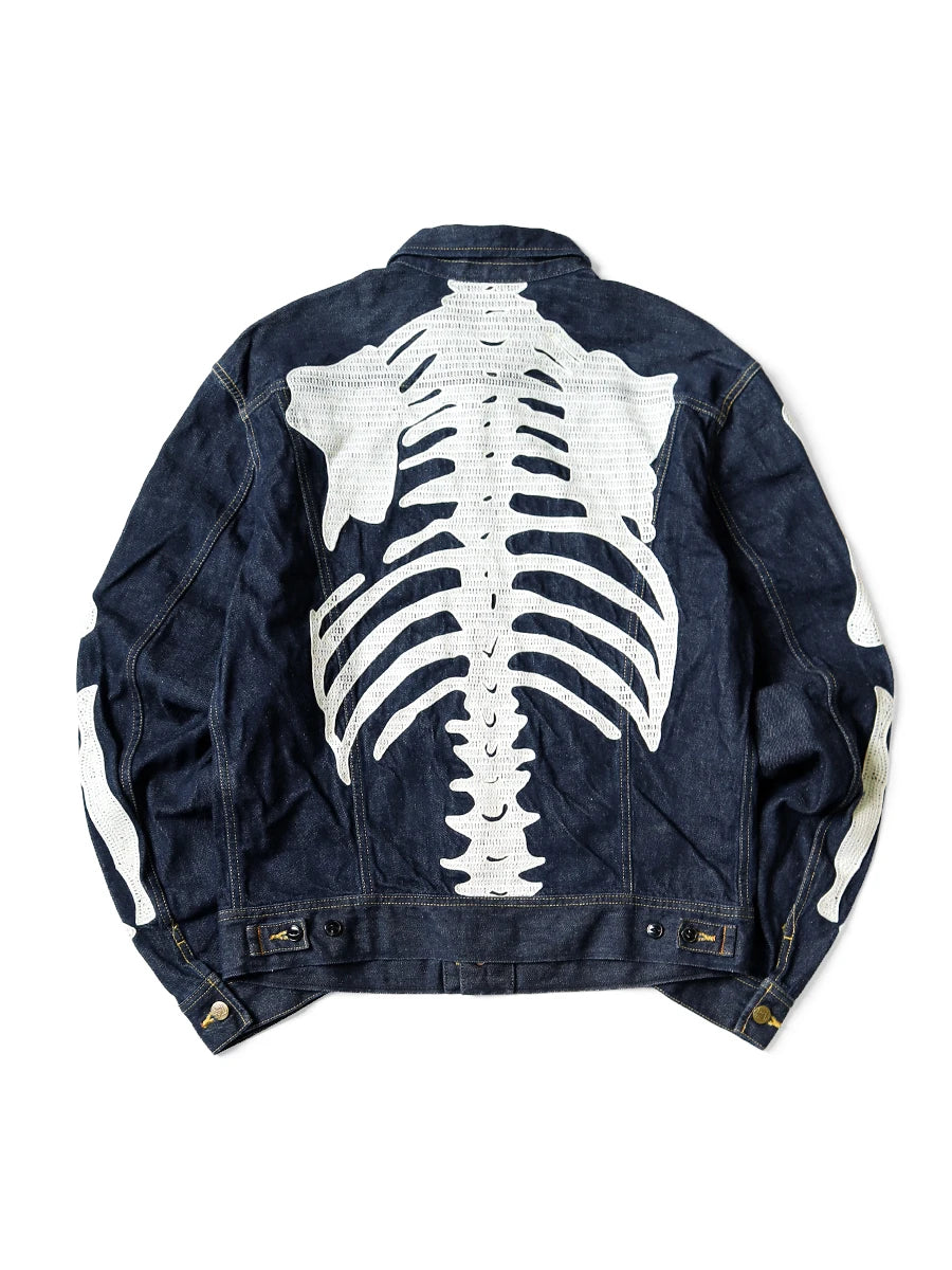 Harajuku Japanese Style Bone Embroidered Denim Jacket Men's Street Skateboard Retro Jacket Loose Casual Autumn Thin Jacket voguable