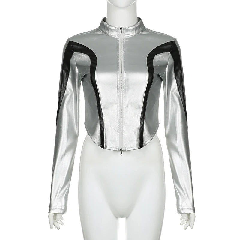 Voguable  Street Style Contrast Patchwork Zip-up Pu Leather Jackets Silver Color Turtleneck Cardigan Women Chic Elegant Coat Fall voguable