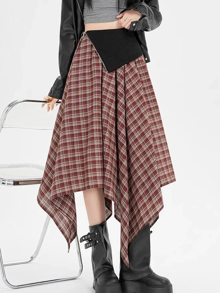 Y2K Streetwear Plaid Long Skirt Women High Waist Retro Hip Hop Irregular Skirt Fall Casual American Gothic Female Long Skirts voguable
