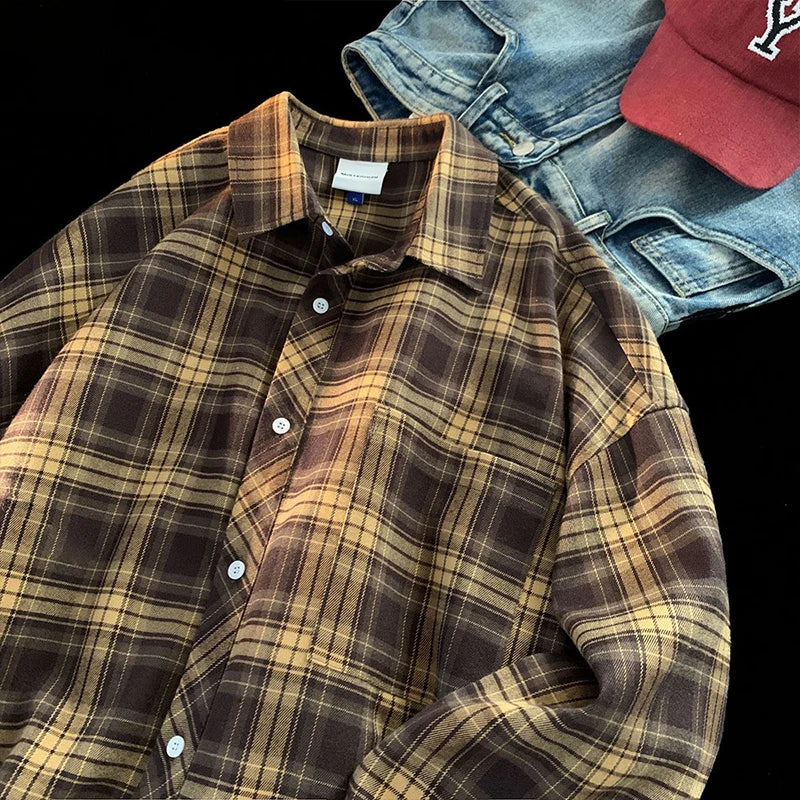 Spring Clothing Men's Leisure Retro Check Button-down Long Sleeve Shirts Lapel Streetwear Fashion Plaid Luxury Jacket Shirt voguable