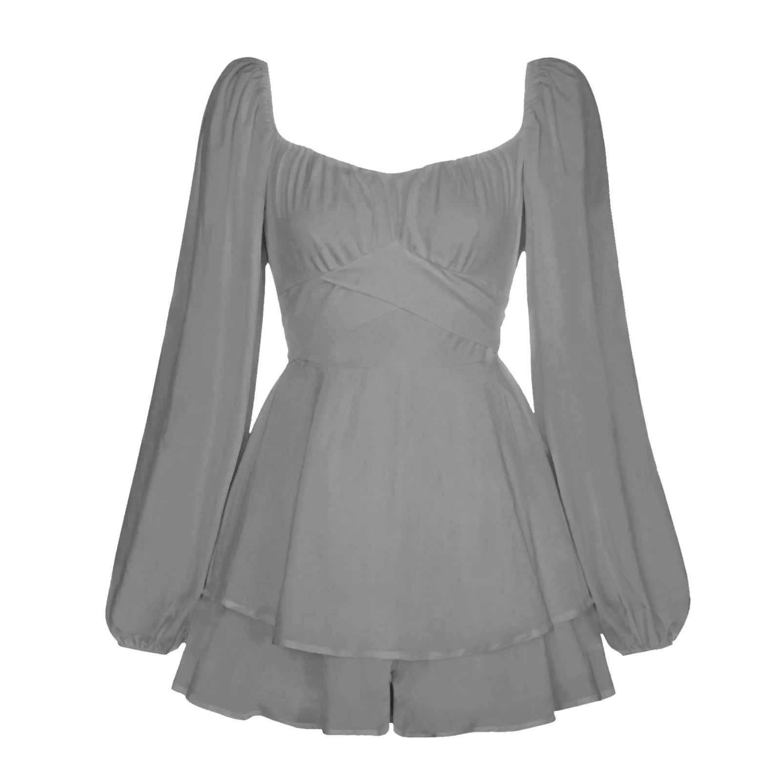 Women's Autumn Ruffled Dresses White Mini Dresses Square Neck Lantern Sleeve Long Sleeve Flounced Edge Casual Dress Female