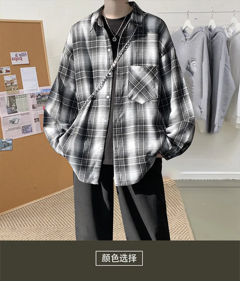 Harajuku Long Sleeve Plaid Shirts Men Big Size M-5XL Autumn Chic Loose Vintage High Street All-match Gentleman Camisa voguable