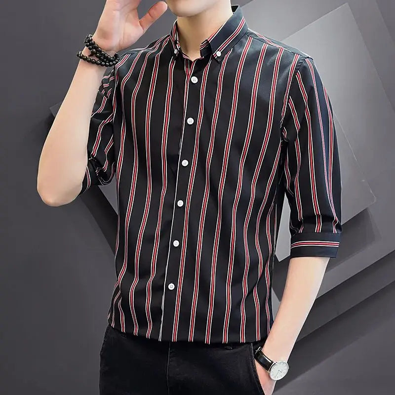 Voguable  Summer Men's Striped Seven Quarter Sleeve Shirt Youth Fashion Korean Version Slim Fit Five Quarter Sleeve Shirt voguable