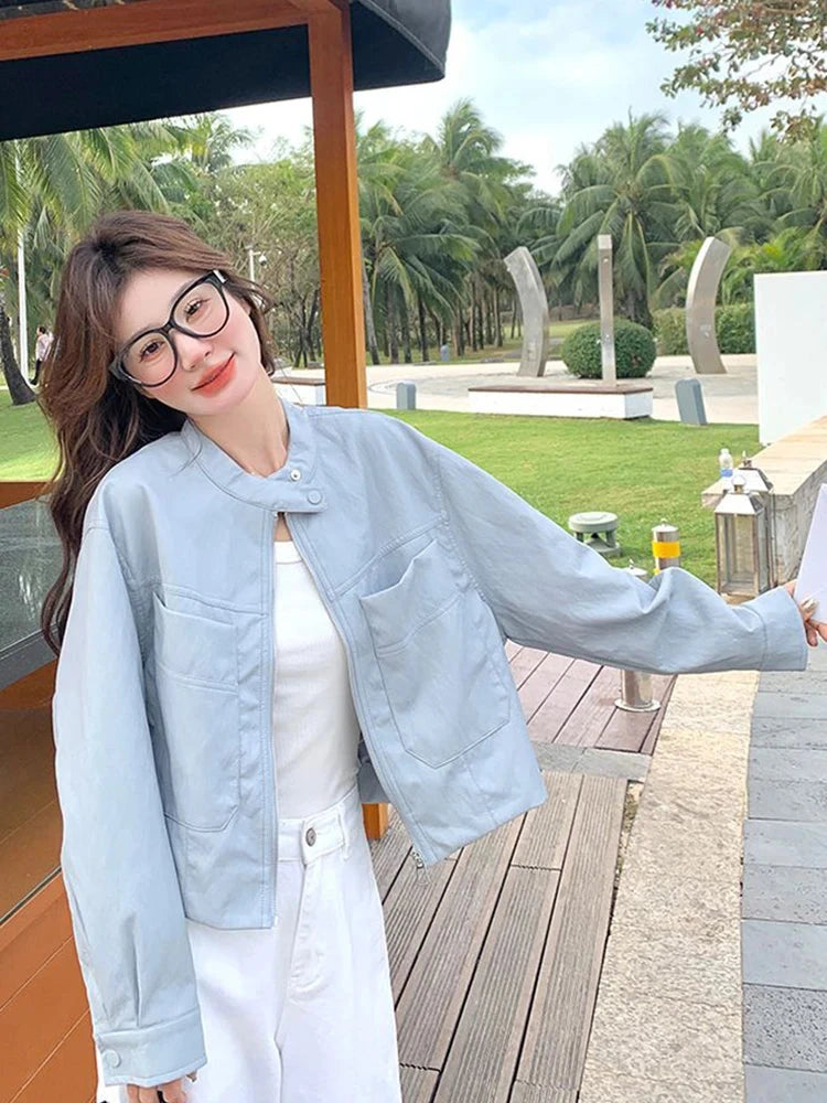 Sweet Biker Pu Jacket Women Vintage Preppy Style Big Pockets Short Coat Casual Korean Long Sleeve Retro O Neck Cute Tops voguable