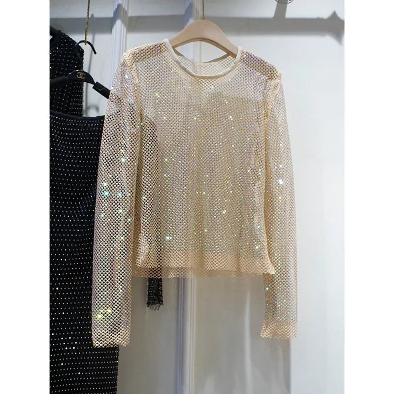 Voguable  Summer New Ladies Temperament Rhinestone Round Neck Long Sleeve Bright Starlight Hollow Shiny Bottoming Shirt Women's Top Trend voguable