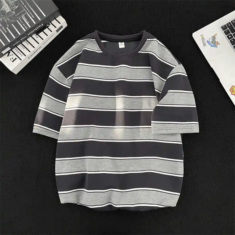 Voguable  Japanese Couple Color-blocking Short-sleeved T-shirt Hong Kong Style Loose Trend Striped Heavy Round Neck Half-sleeved T-shirt voguable