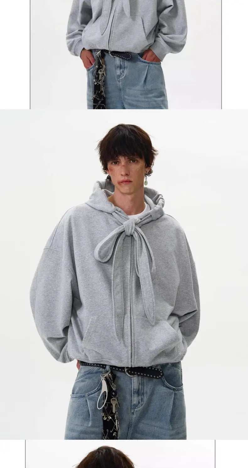 American solid strap design hooded sweatshirt cardigan men's autumn winter new coat couple tops loose versatile jacket voguable