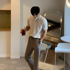New Fashion Korean Style Men T-shirt Light Luxury Knitted Henry Collar Tops Casual Solid Color Short Sleeve Breathable Knitwear voguable