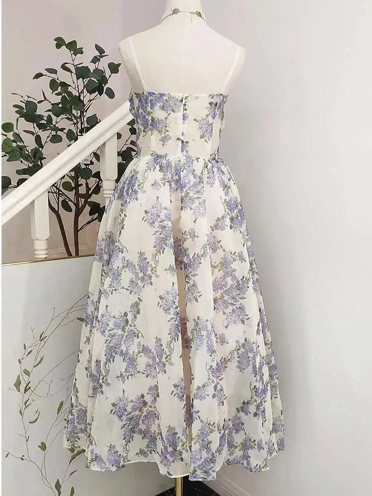 Vintage Printing A-line Folds Sling Dresses For Women Summer New High Waist Backless Pleated Long Dress voguable