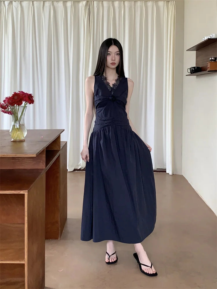Lace Pathwork Sleeveless Long Modest Dress Summer 2025 Party Evening Dress 2025 V Neck Tunics A Line Midi Dress Clothes voguable
