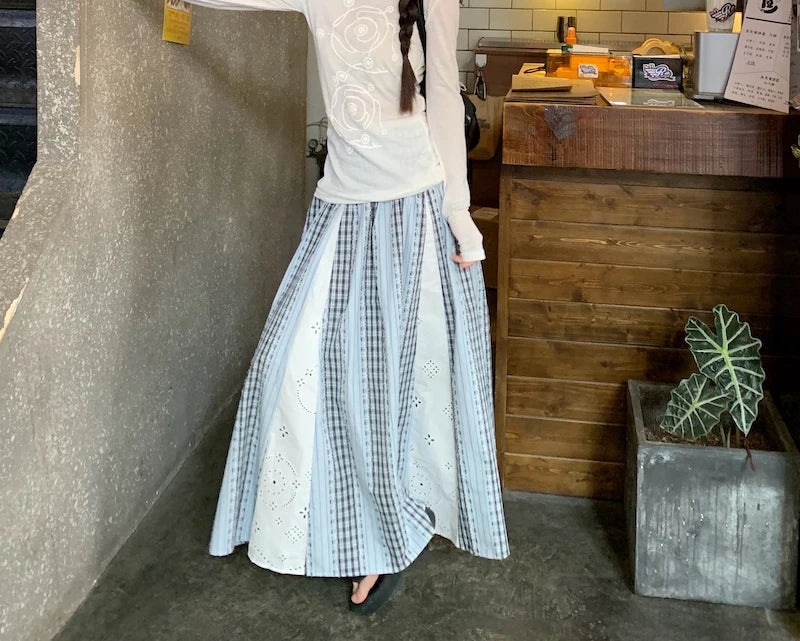 Sweet Lace Patchwork Long Skirts Women Korean Loose High Waist Skirt Casual Design Striped Plaid Elegant Female Skirts New voguable