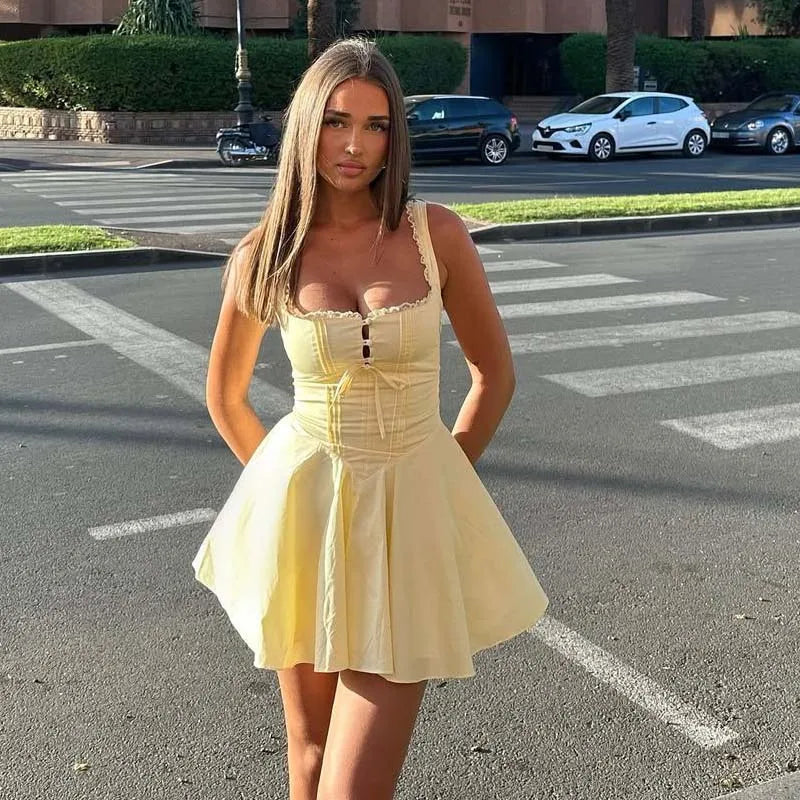 New  Women Blue Elegant Party Mini Dresses Sexy Sleeveless Low Waist A-line Summer Dress Lace Up Back Robe voguable