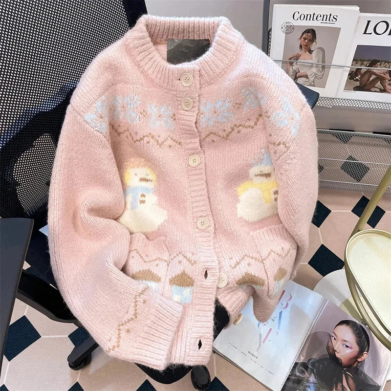 Cute Snowmen Pink Cardigan Sweater Women Vintage Sweet Print Loose Knitted Coat Japan Fall Winter Kawaii Female O Neck Tops voguable