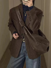 Retro Faux Woolen Blazer Coat Women Harajuku Long Sleeve Fall Winter Y2K Jacket Streetwear American Casual Lady Suit Coat voguable