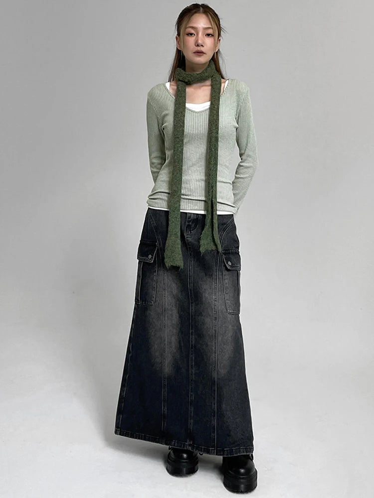 Voguable Vintage Pocket Split Washed Denim Maxi Skirt High Waist Women Y2K Streetwear Long Skirts Harajuku Korean Fairy Grunge voguable