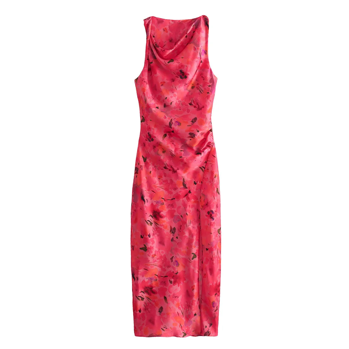 Voguable  Sexy Women Twisted Round Neck Sleeveless Floral Print Satin Dress Side Gathers Slit Hem Female Summer Long Dresses voguable