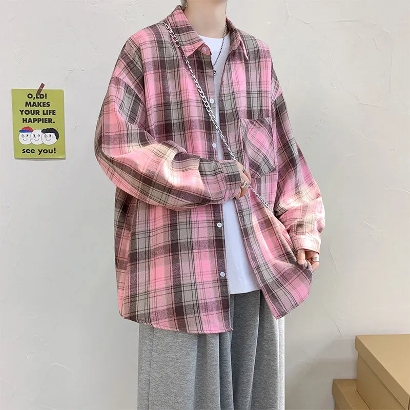Harajuku Long Sleeve Plaid Shirts Men Big Size M-5XL Autumn Chic Loose Vintage High Street All-match Gentleman Camisa voguable