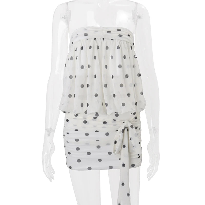 Voguable  Women's Vintage Polka Dot Chiffon Mesh Mini Dress Strapless Pleated Tie Up Bowkont Sheath Cute Girl Night Club Vestidos voguable