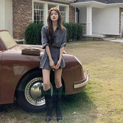 Fake Denim Fashion Spring Summer Outfits 2025 New Lapel Blouse Top And Short Skirt Two Piece Set Streetwear Shirts + Pleat Skirt voguable