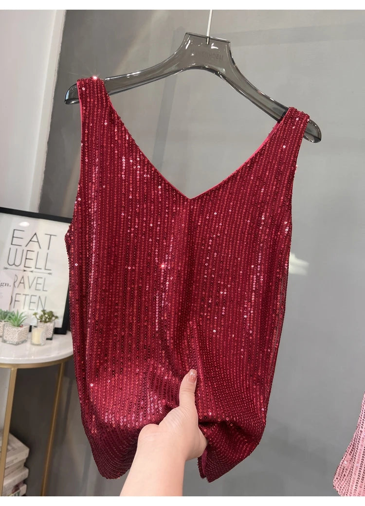 Voguable  New European and American Sequined V-neck Vest Worn Inside A Suit Bottoming Shirt and Worn Outside A Sparkling Top voguable