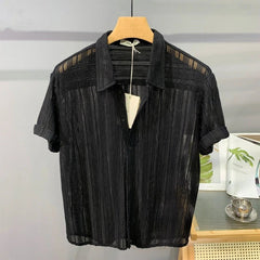 Voguable  Hollow Short-sleeved Shirt Men's Summer Thin Trendy Handsome French Light Luxury Drape Hawaiian Shirt Men's Top voguable