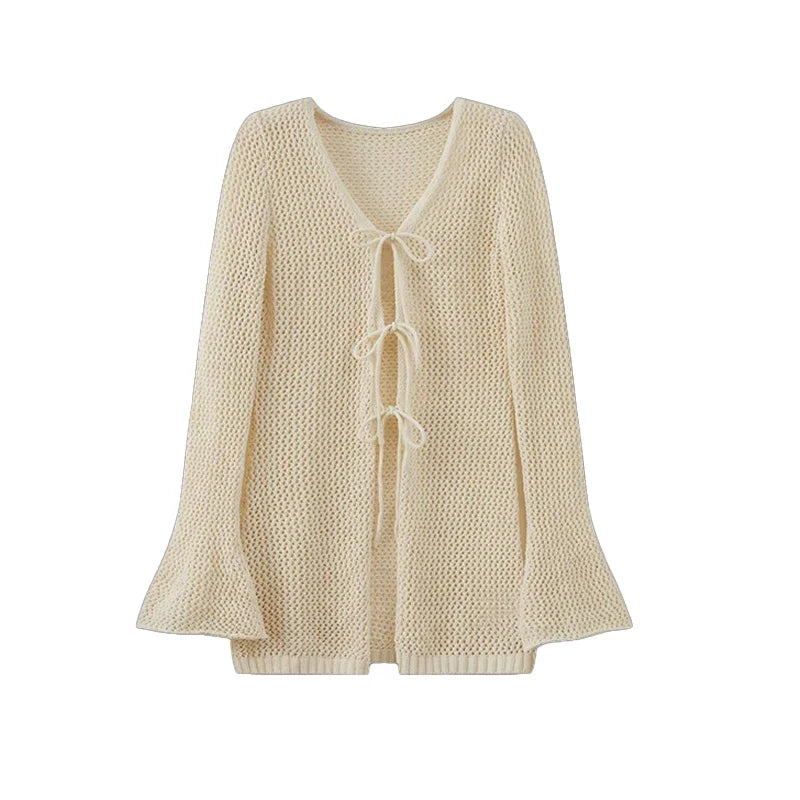 Tie Front Open Knit Cardigan Women Long Sleeve Longline Sweater Jacket Sheer Beach Cover-Up Ladies Boho Vacation Outfit voguable