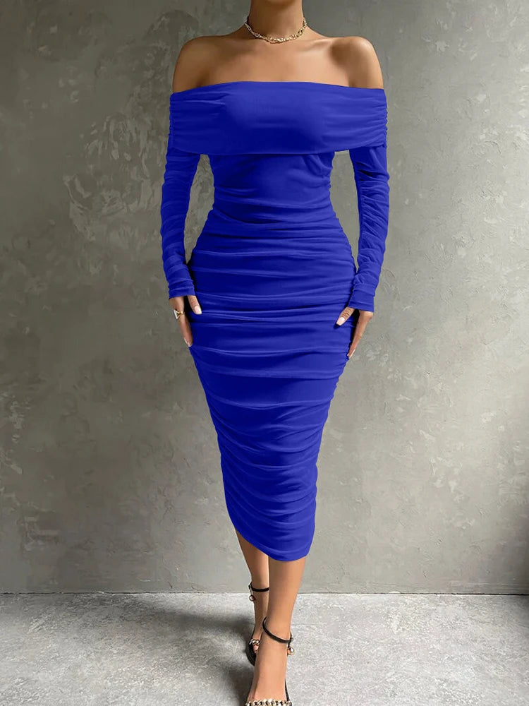 Voguable  Women's Long Sleeve Off-Shoulder Sexy Dress Solid Color Pleated Midi Slim Dress for Cocktail Party and Evening Wear voguable