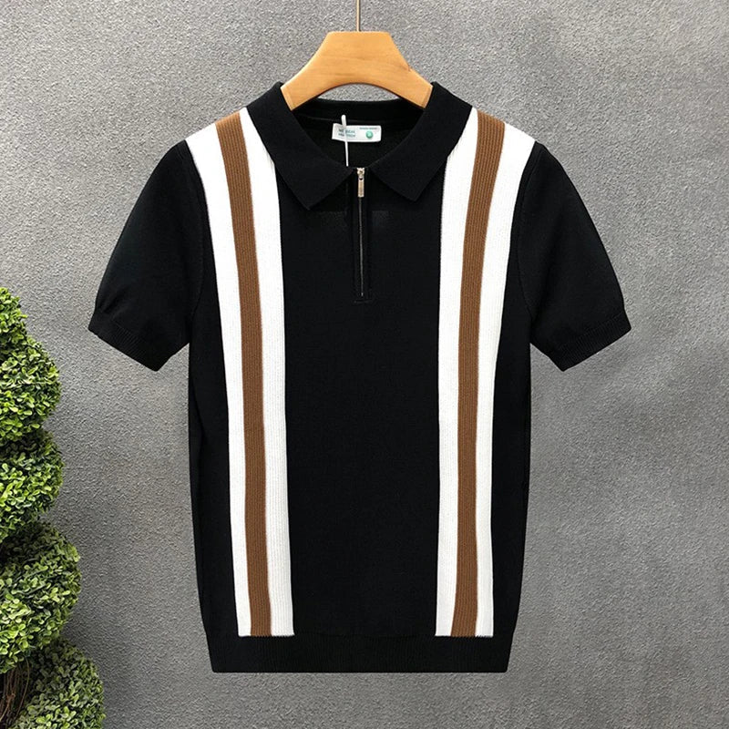 New Men's Clothing Light Luxury Knit Striped Zipper Polo Shirt Business Leisure Short Sleeve Korean Popular Retro Knitwear M-3XL voguable