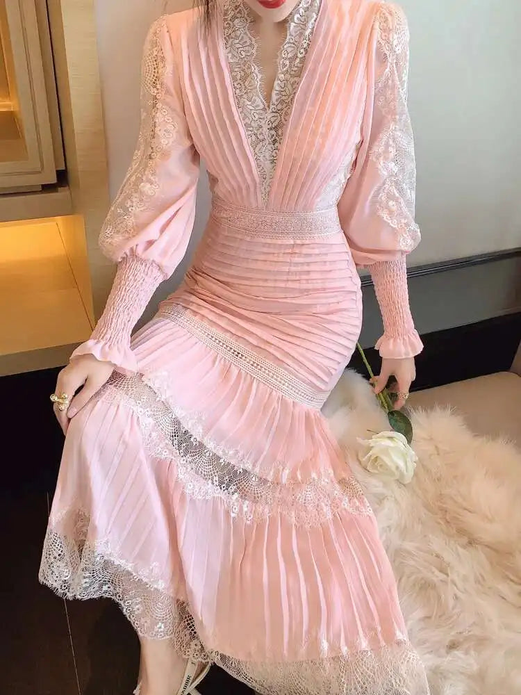 V-neck Lantern Sleeve Lace Stitching Midi Dress Female Clothing Slim Party Dresses For Women Elegant 2025 Summer New voguable