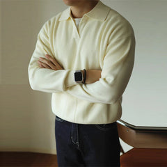 New American Chic Men Polo Sweater Luxury Trendy Business V Neck Knit Solid Color Pullover Leisure Slim-fit Long Sleeve Knitwear voguable