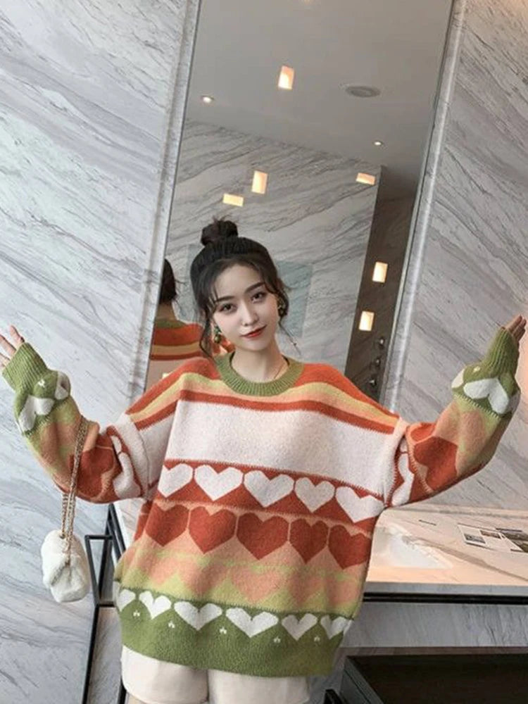 Voguable Cute Love Print Knitted Sweaters Women Fashion Patchwork Korean Sweet Tops Oversize Loose Long Sleeve Lady Casual Jumpers voguable