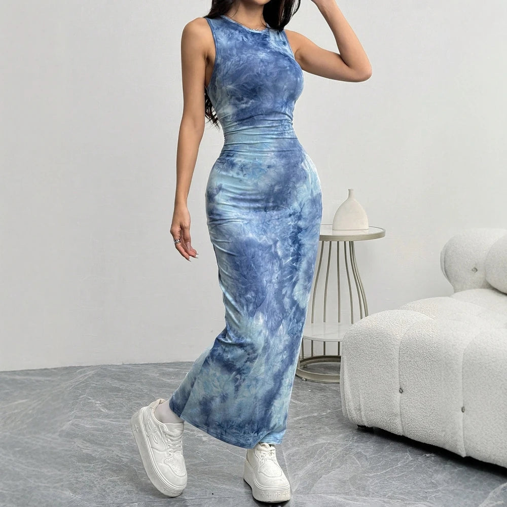 Women's Dresses Summer Elegant Decent 2025 Tie Dye Skinny Fit Sleeveless Round-Neck Wrap Maxi Wrap Party Dresses voguable
