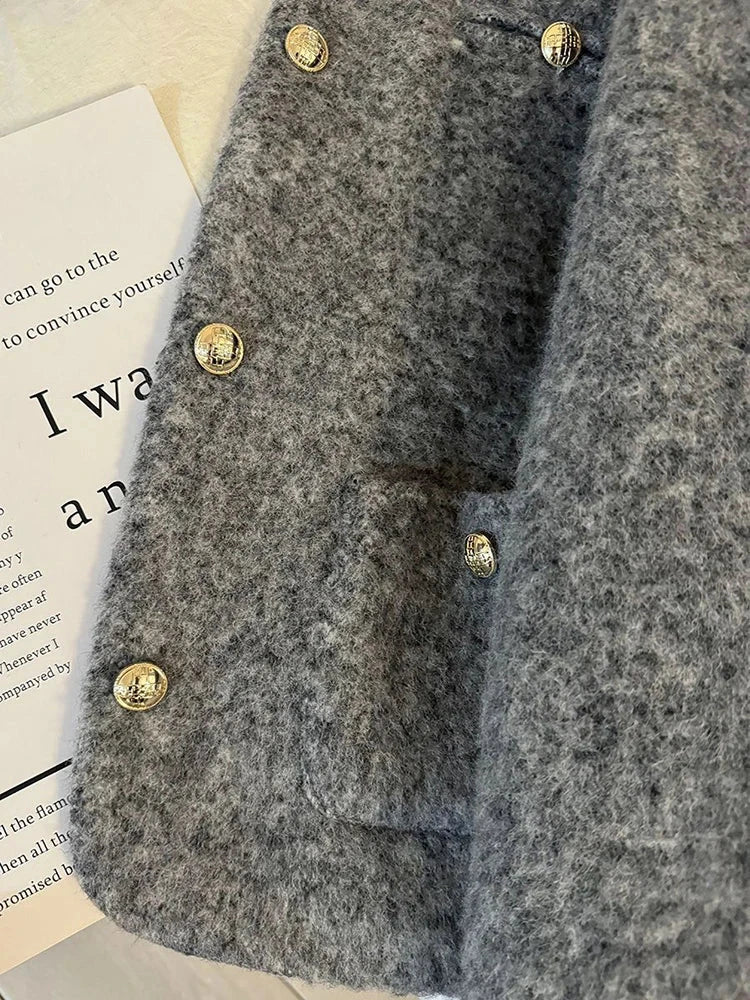 Vintage Faux Woolen Coat Women Warm Winter Thick Long Sleeve Gray Cotton Jacket Female Retro O Neck Pockets Casual Tops New voguable