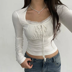 Voguable Gentle Elegant Lace Patchwork Knitted Cropped Top White Coquette Slim Long Sleeve T-shirts Fall Cute Casual Knitwear voguable