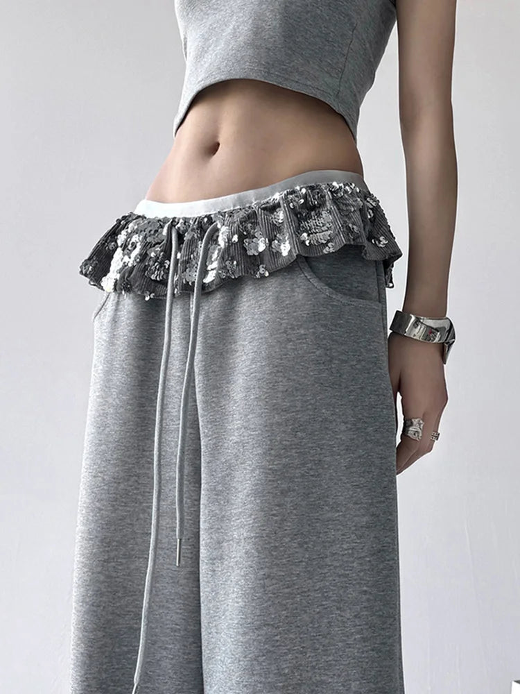 Chic Bright Silk Patchwork Sweatpants Women Loose Streetwear High Waist Casual Pant Fashion Pockets Fall American Gray Trousers voguable