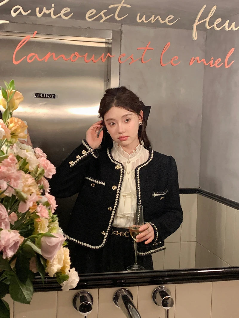 Vintage Jackets Women Black Tweed Cropped Coat Korean Elegant Thicken Single Breasted Blazer Casual Short Outerwear Tops voguable