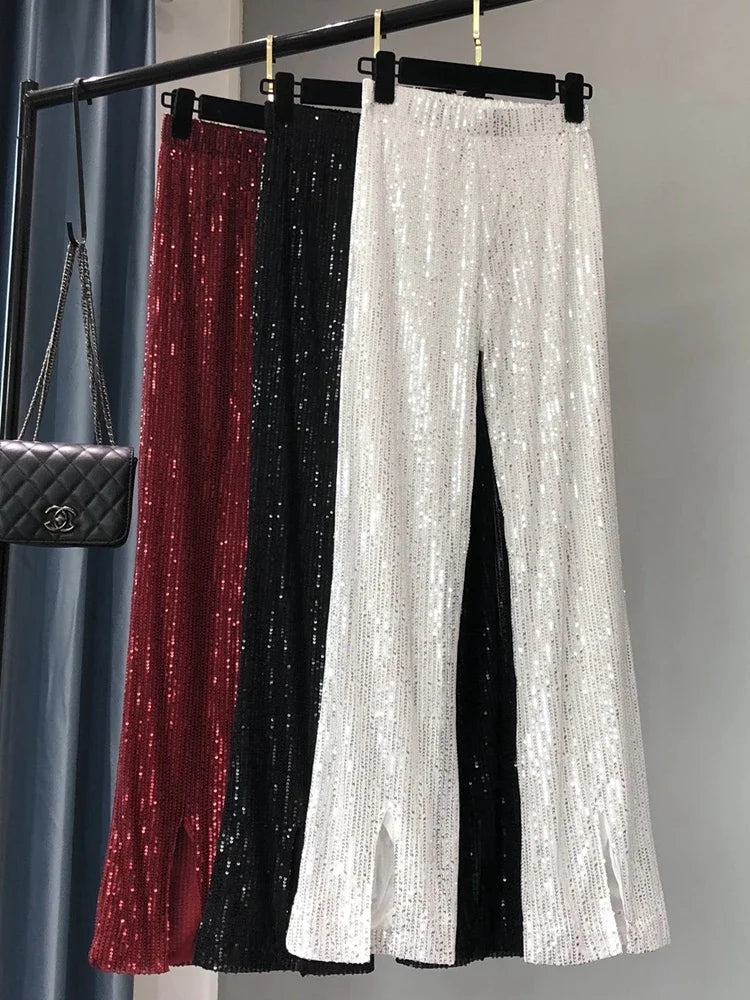 Voguable  New Autumn and Winter Women's Fashionable Shiny White Trousers, Versatile Slimming High Waist Sequined Flared Trousers voguable
