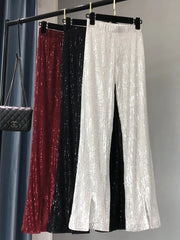 Voguable  New Autumn and Winter Women's Fashionable Shiny White Trousers, Versatile Slimming High Waist Sequined Flared Trousers voguable