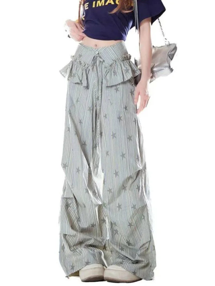 Stars Print Y2K Cargo Pant Women Vintage Streetwear Loose High Waist Design Trousers Hip Hop Retro American Casual Wide Leg Pant voguable