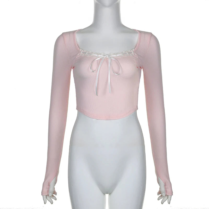 Voguable  Y2K Lace Ribbons Lace-up Bow Cropped Top Pink Cute Casual Basic Irregular Knitted Tops Coquette Aesthetic Slim-fit Tees voguable
