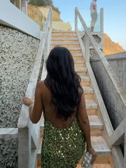 Women's Green Sequin Backless Sling Dress Sexy Sleeveless Off Shoulder Slim Vestidos Elegant Female Evening Party Long Robes voguable