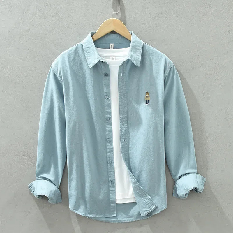 Voguable Spring and Autumn New Bear Embroidery Casual Long Sleeve Men Shirts 100% Cotton Solid Color Fashion Art Versatile Top voguable